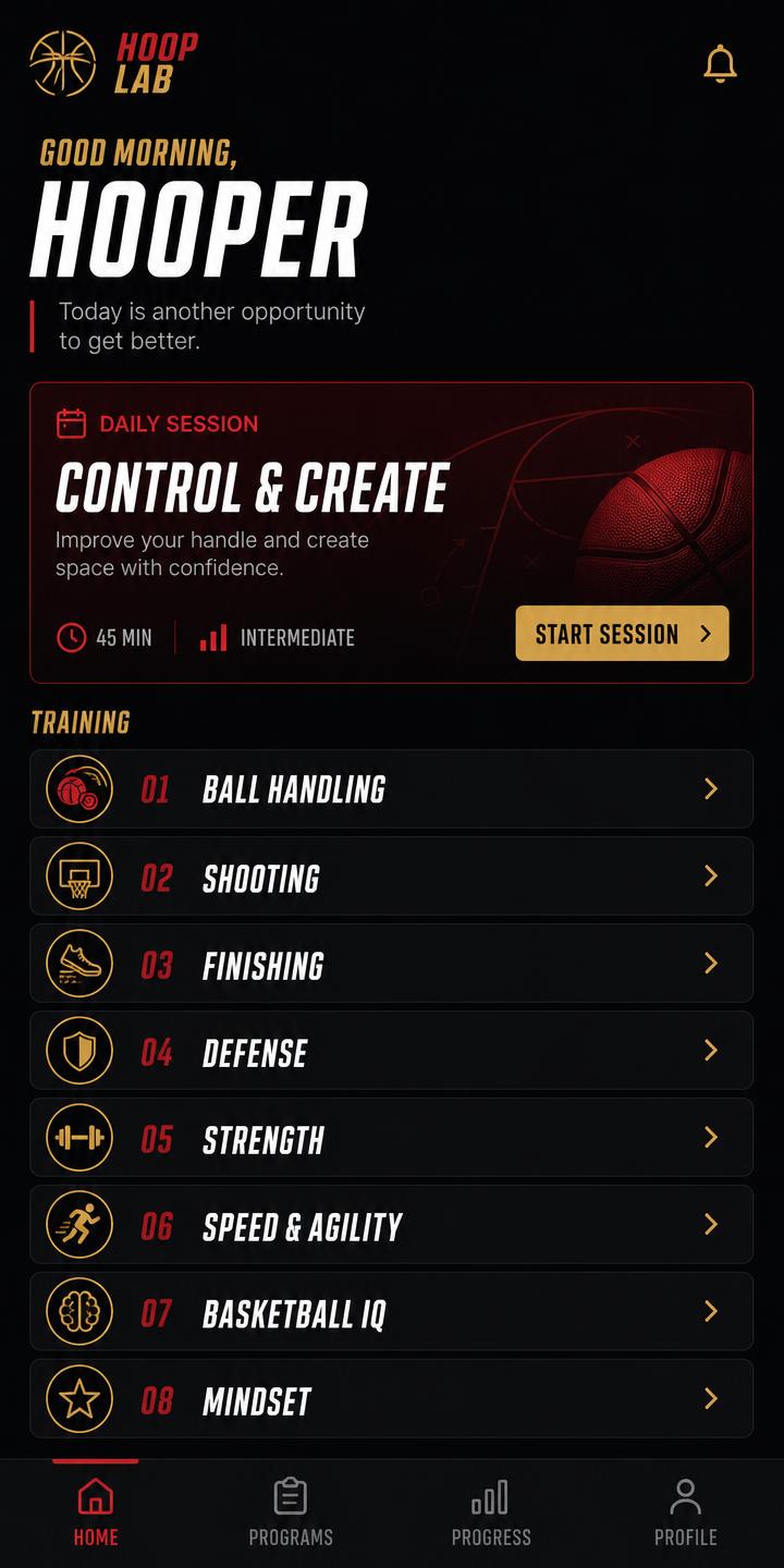 Home screen with the daily session card and eight skill categories