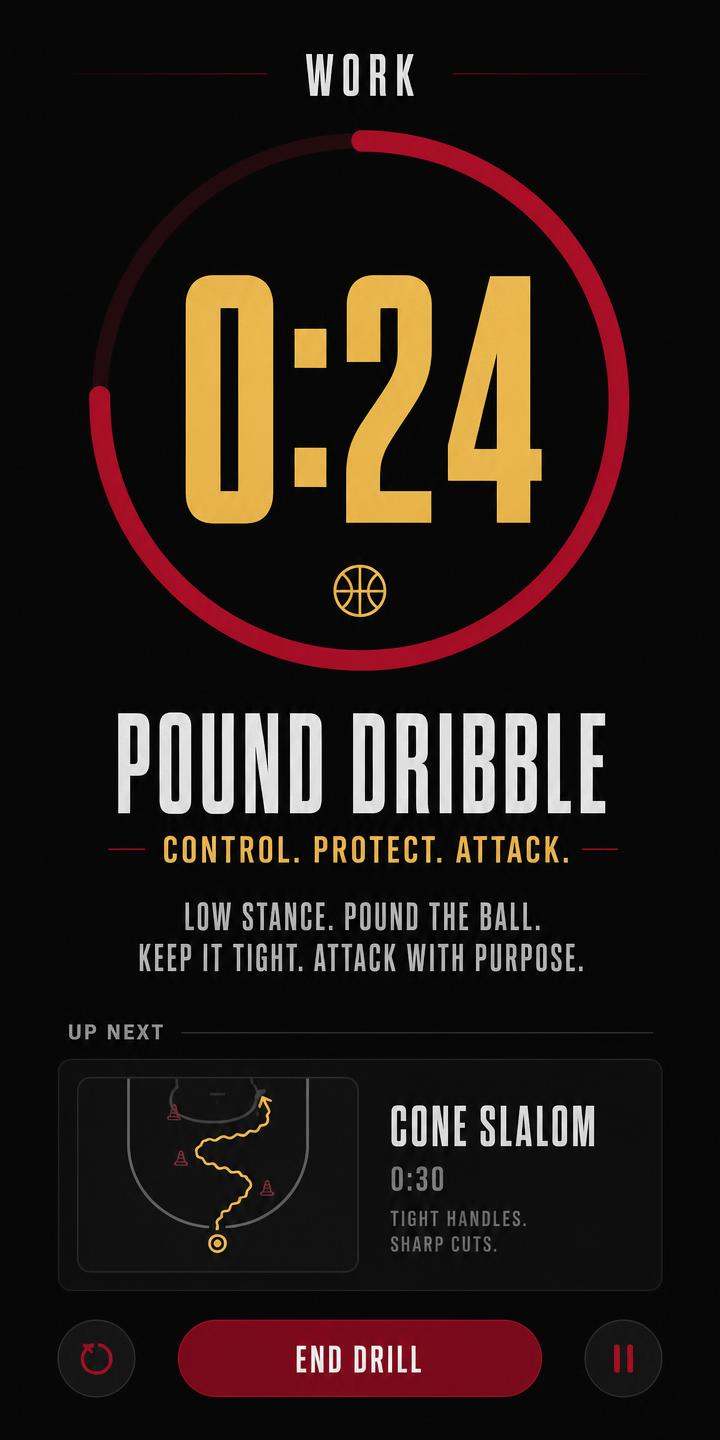 Guided drill timer running a work interval with a coaching cue